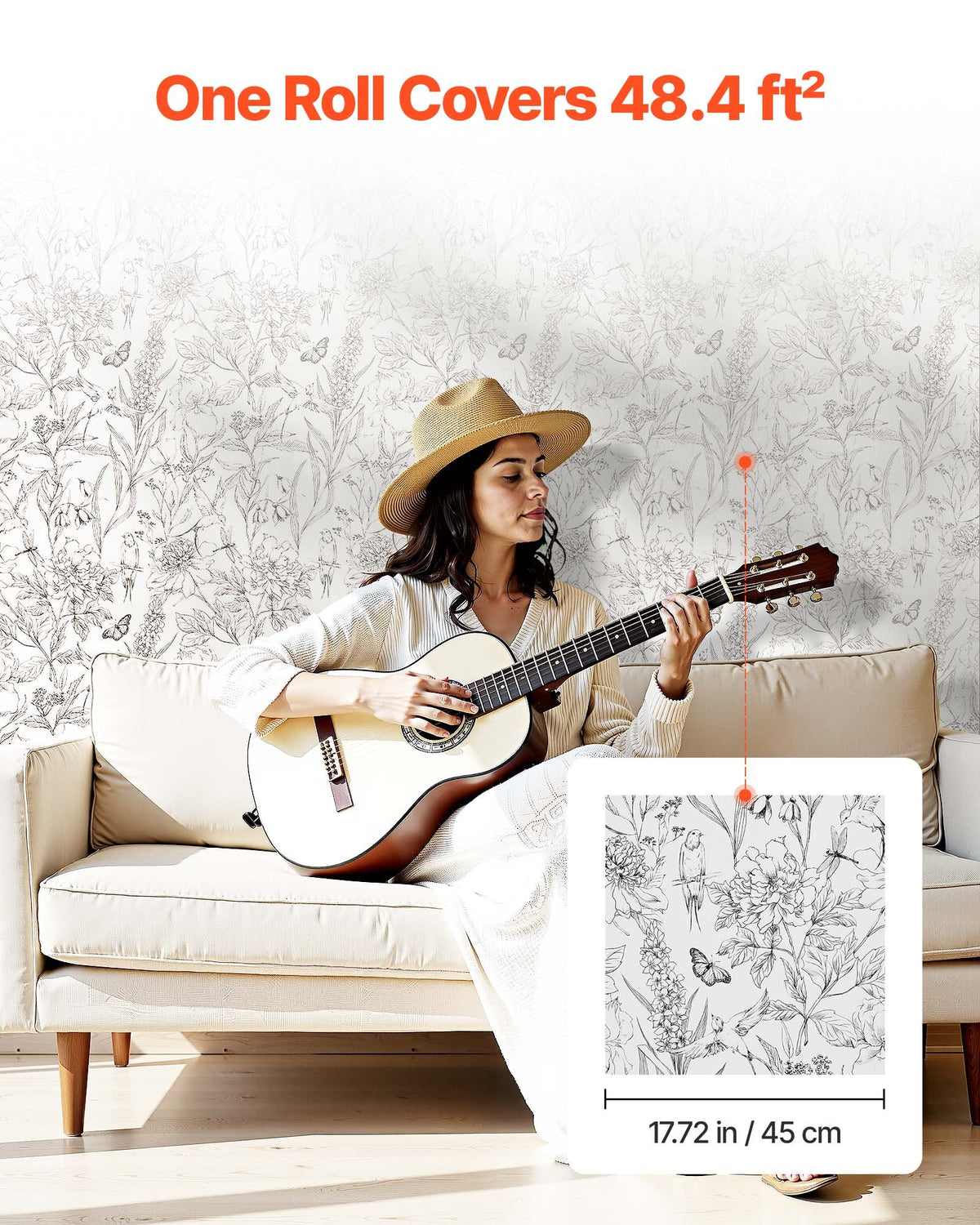 VEVOR Peel and Stick Wallpaper, 17.7 x 393.7 inch Contact Paper White Line Art Botanical Floral Waterpoof Self Adhesive, Easy to Clean Wall Decorative Vinyl Roll for Bedroom Kitchen Bathroom Office - BZCCBZJKD404WXD03001V0 - view 5