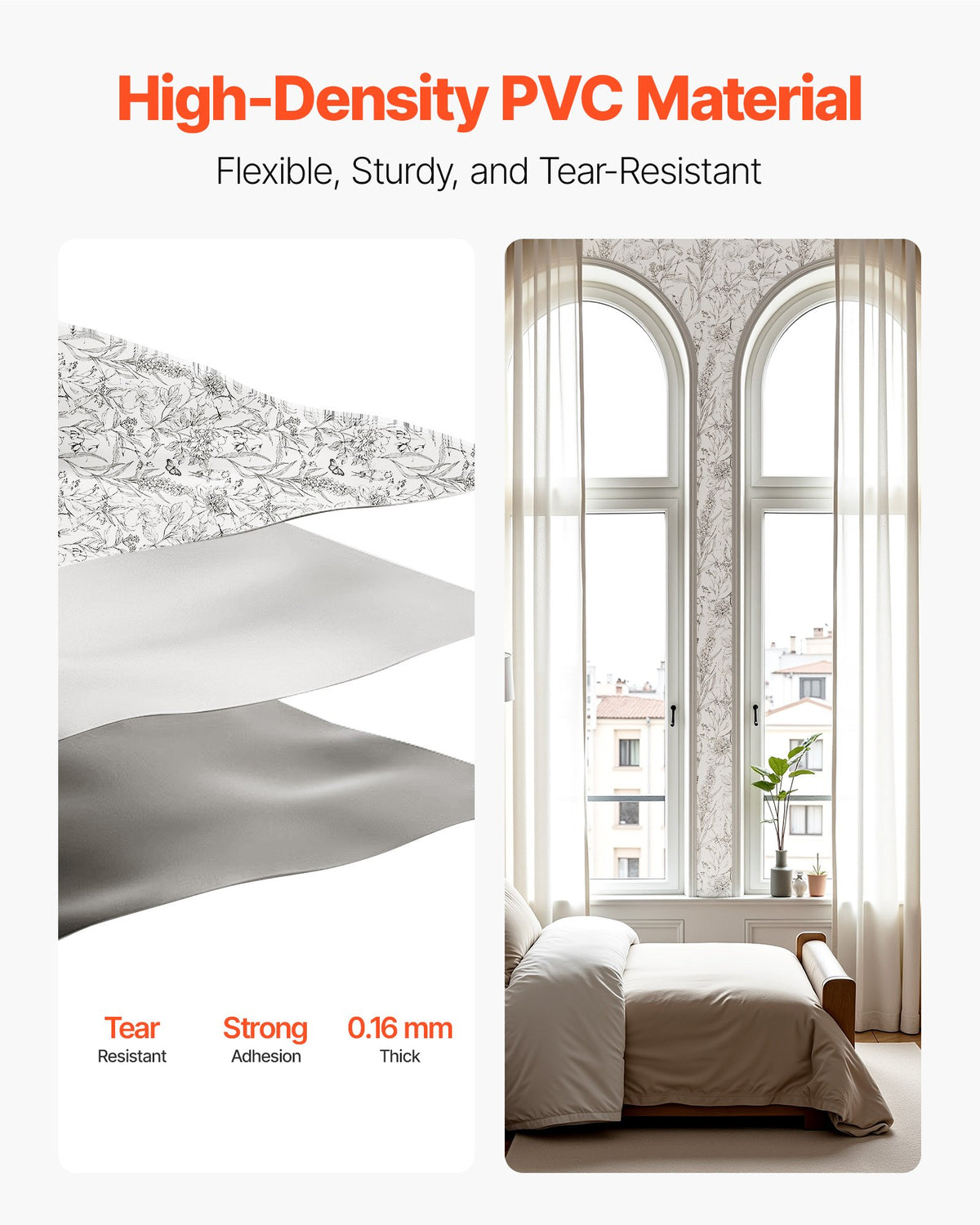 VEVOR Peel and Stick Wallpaper, 17.7 x 393.7 inch Contact Paper White Line Art Botanical Floral Waterpoof Self Adhesive, Easy to Clean Wall Decorative Vinyl Roll for Bedroom Kitchen Bathroom Office - BZCCBZJKD404WXD03001V0 - view 6