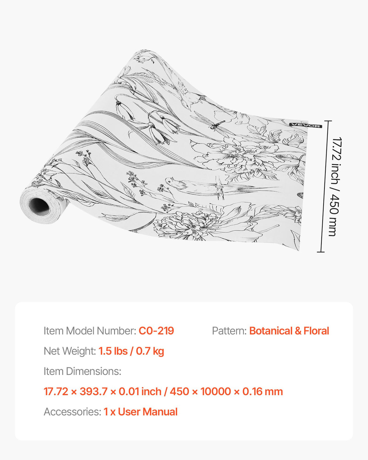 VEVOR Peel and Stick Wallpaper, 17.7 x 393.7 inch Contact Paper White Line Art Botanical Floral Waterpoof Self Adhesive, Easy to Clean Wall Decorative Vinyl Roll for Bedroom Kitchen Bathroom Office - BZCCBZJKD404WXD03001V0 - view 8