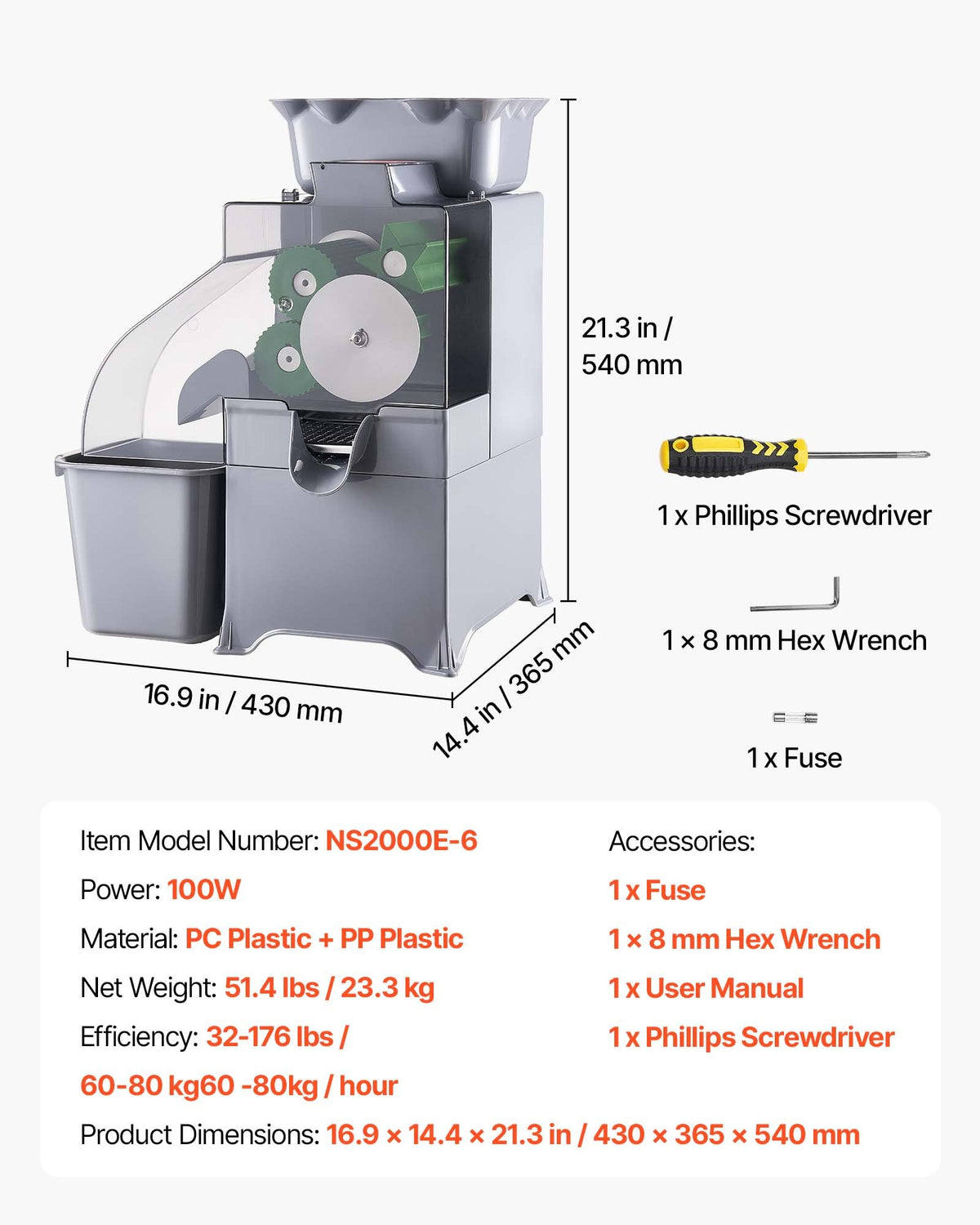 VEVOR Commercial Orange Juicer Machine, Slow Masticating Juicer Extractor, 100W Electric Orange Juice Squeezer, Lemon Citrus Pomegranates Extractor, with Peel Collecting Bucket and PC Cover - BZDJLCZJ100W0E992001V1 - view 8
