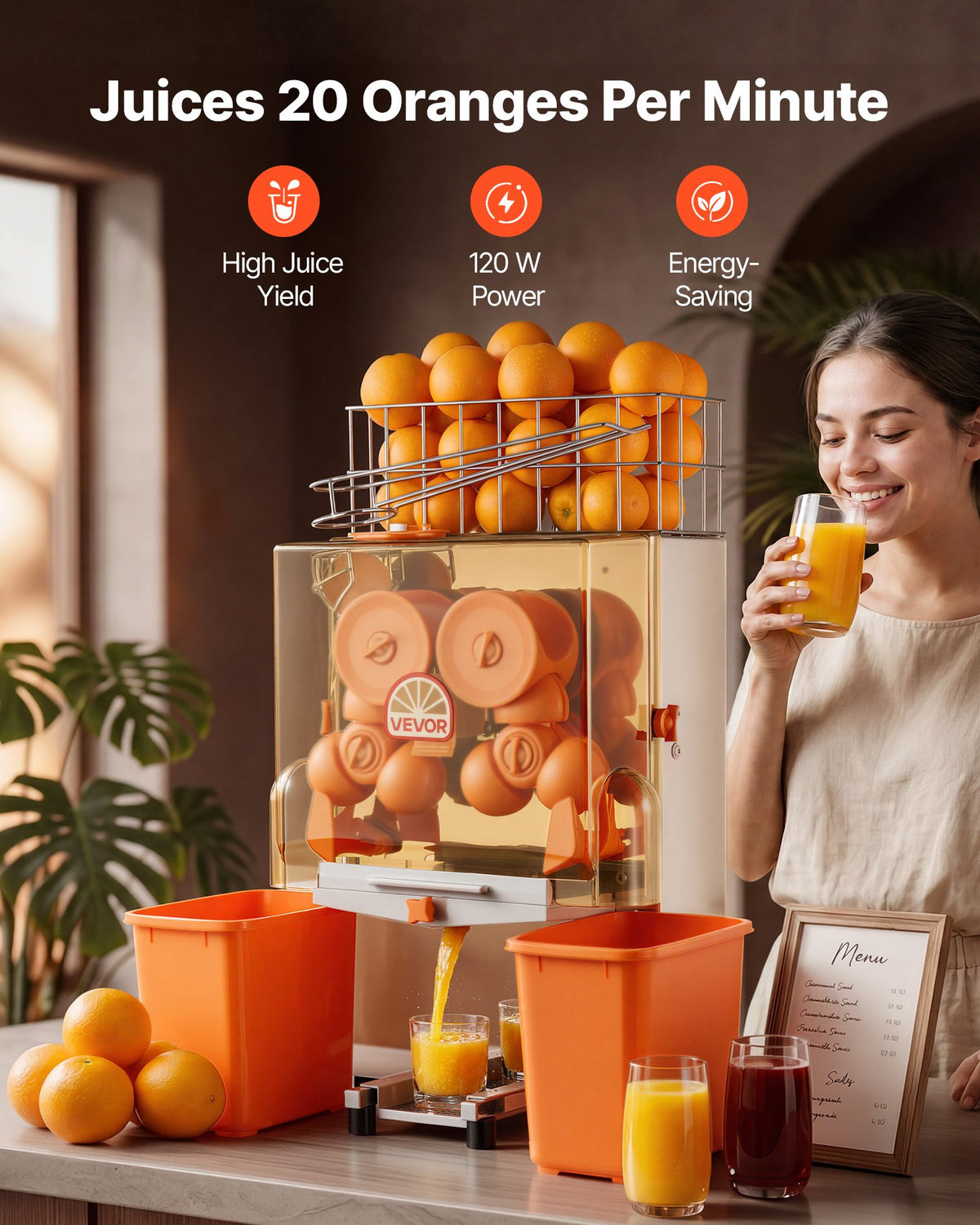 VEVOR Commercial Orange Juicer Machine, 120W Electric Orange Juice Press, Stainless Steel Orange Squeezer for 20 per Minute, Lemon Citrus Pomegranates Extractor with Peels Collecting Bucket - BZDJLCZJ120W21DK8001V1 - view 3