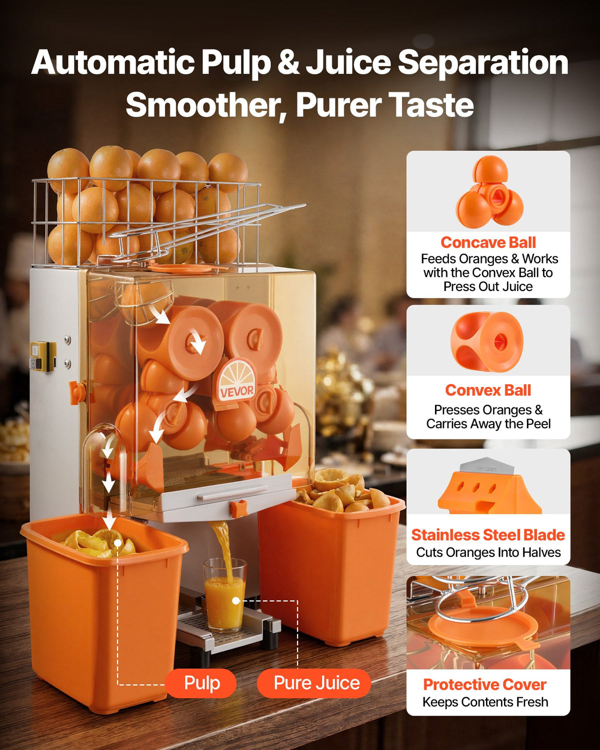 VEVOR Commercial Orange Juicer Machine, 120W Electric Orange Juice Press, Stainless Steel Orange Squeezer for 20 per Minute, Lemon Citrus Pomegranates Extractor with Peels Collecting Bucket - BZDJLCZJ120W21DK8001V1 - view 4