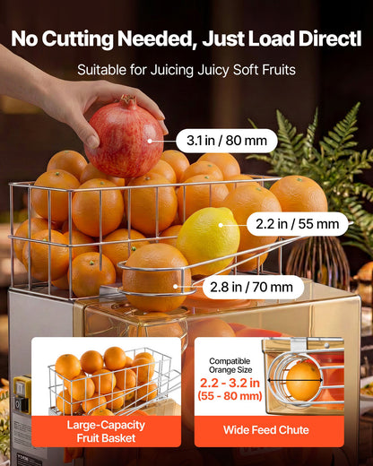 VEVOR Commercial Orange Juicer Machine, 120W Electric Orange Juice Press, Stainless Steel Orange Squeezer for 20 per Minute, Lemon Citrus Pomegranates Extractor with Peels Collecting Bucket - BZDJLCZJ120W21DK8001V1 - view 5