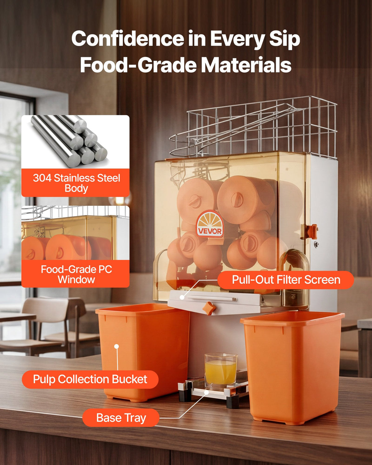 VEVOR Commercial Orange Juicer Machine, 120W Electric Orange Juice Press, Stainless Steel Orange Squeezer for 20 per Minute, Lemon Citrus Pomegranates Extractor with Peels Collecting Bucket - BZDJLCZJ120W21DK8001V1 - view 6
