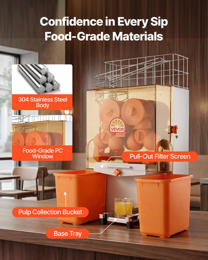 VEVOR Commercial Orange Juicer Machine, 120W Electric Orange Juice Press, Stainless Steel Orange Squeezer for 20 per Minute, Lemon Citrus Pomegranates Extractor with Peels Collecting Bucket - BZDJLCZJ120W21DK8001V1 - view 6