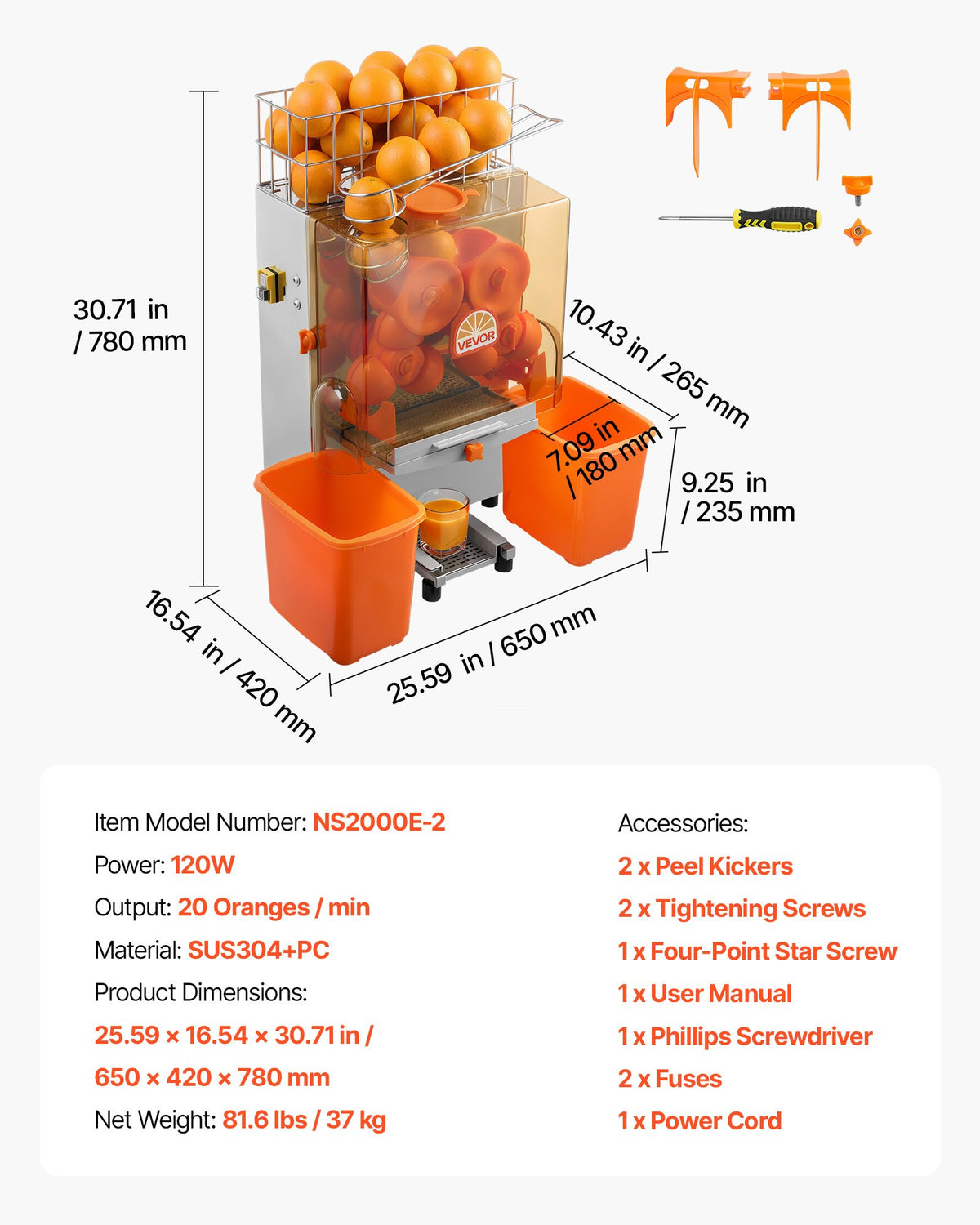 VEVOR Commercial Orange Juicer Machine, 120W Electric Orange Juice Press, Stainless Steel Orange Squeezer for 20 per Minute, Lemon Citrus Pomegranates Extractor with Peels Collecting Bucket - BZDJLCZJ120W21DK8001V1 - view 8