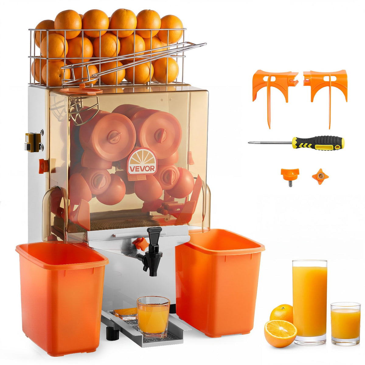VEVOR Commercial Orange Juicer Machine, 120W Electric Orange Juice Press, Stainless Steel Orange Squeezer for 20 per Minute, Lemon Citrus Pomegranates Extractor with Water Tap, Peels Collecting Bucket - BZDJLCZJ120W2XHR7001V1 - view 1