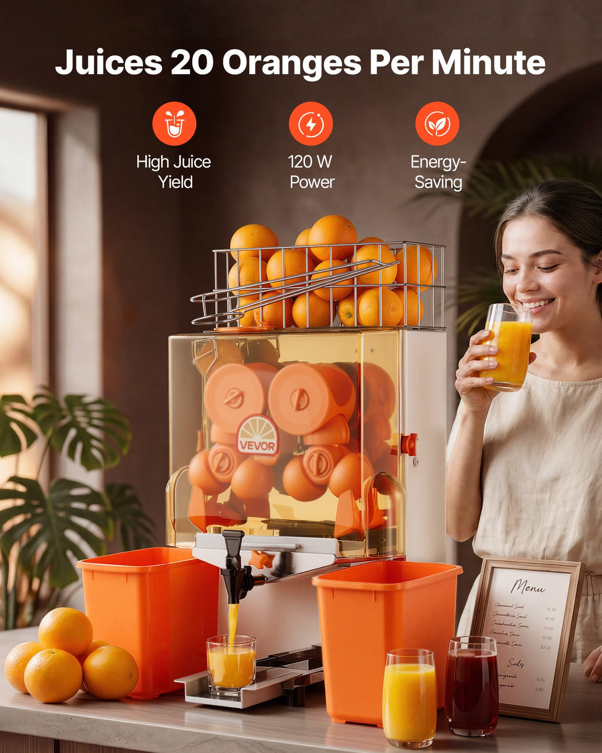 VEVOR Commercial Orange Juicer Machine, 120W Electric Orange Juice Press, Stainless Steel Orange Squeezer for 20 per Minute, Lemon Citrus Pomegranates Extractor with Water Tap, Peels Collecting Bucket - BZDJLCZJ120W2XHR7001V1 - view 3