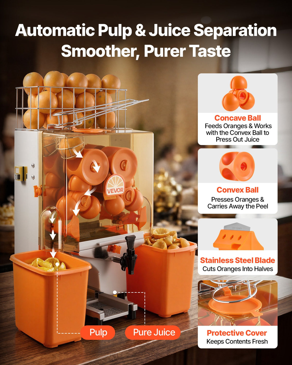 VEVOR Commercial Orange Juicer Machine, 120W Electric Orange Juice Press, Stainless Steel Orange Squeezer for 20 per Minute, Lemon Citrus Pomegranates Extractor with Water Tap, Peels Collecting Bucket - BZDJLCZJ120W2XHR7001V1 - view 4