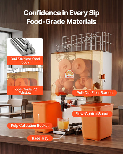 VEVOR Commercial Orange Juicer Machine, 120W Electric Orange Juice Press, Stainless Steel Orange Squeezer for 20 per Minute, Lemon Citrus Pomegranates Extractor with Water Tap, Peels Collecting Bucket - BZDJLCZJ120W2XHR7001V1 - view 6