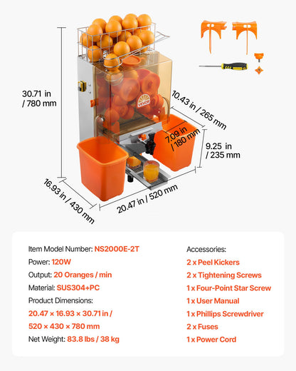 VEVOR Commercial Orange Juicer Machine, 120W Electric Orange Juice Press, Stainless Steel Orange Squeezer for 20 per Minute, Lemon Citrus Pomegranates Extractor with Water Tap, Peels Collecting Bucket - BZDJLCZJ120W2XHR7001V1 - view 8