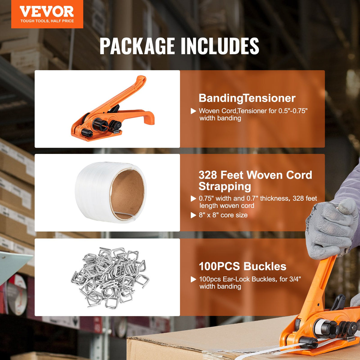 VEVOR Banding Strapping Kit with Strapping Tensioner Tool, 328 ft Length Woven Strapping Cord Band, 100 Metal Seals, Pallet Packaging Strapping Banding Kit, Banding Packaging Strapping for Packing - BZDKZTJ100M1ZJ8RUV0 - view 3