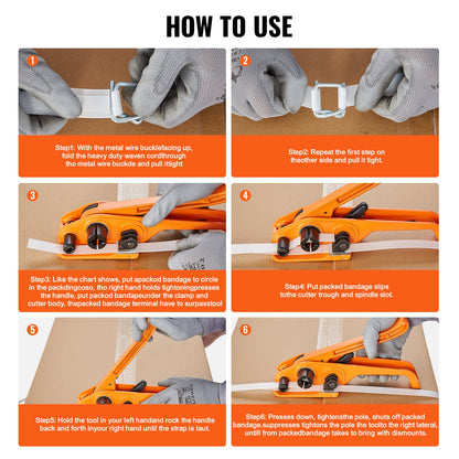 VEVOR Banding Strapping Kit with Strapping Tensioner Tool, 328 ft Length Woven Strapping Cord Band, 100 Metal Seals, Pallet Packaging Strapping Banding Kit, Banding Packaging Strapping for Packing - BZDKZTJ100M1ZJ8RUV0 - view 6