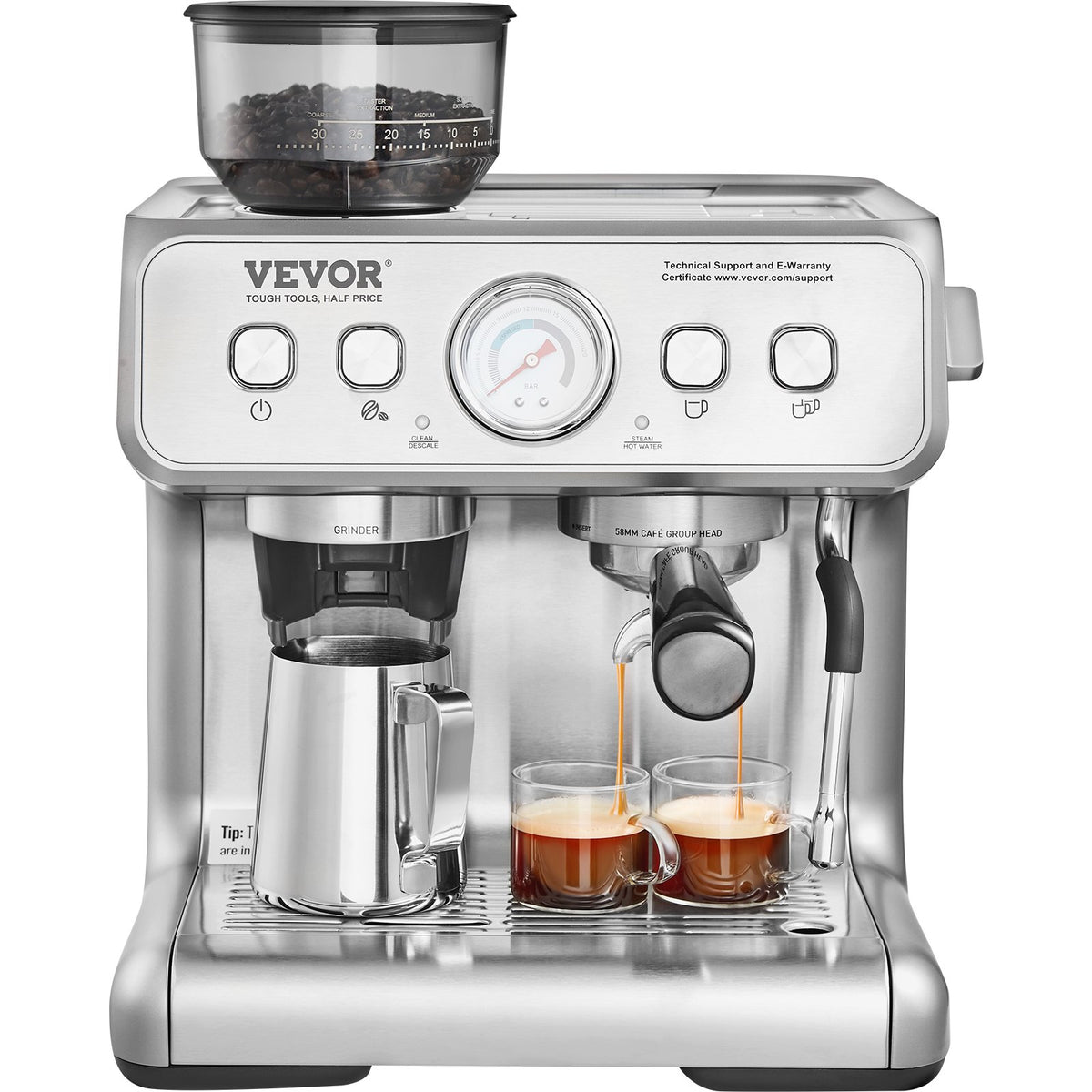 VEVOR Espresso Machine with Grinder, 15 Bar Semi-Automatic Espresso Coffee Maker with Milk Frother Steam Wand, Removable Water Tank & Pressure Gauge for Cappuccino, Latte, Machiato, PID Control System - BZDYSKFJYMKAH5JSRV1 - view 1