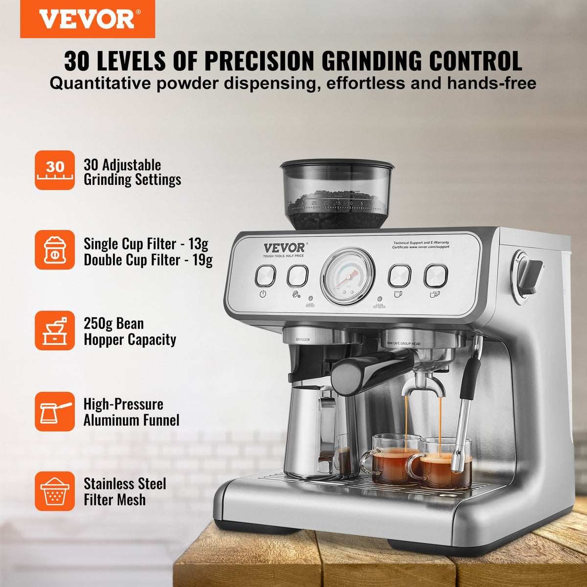 VEVOR Espresso Machine with Grinder, 15 Bar Semi-Automatic Espresso Coffee Maker with Milk Frother Steam Wand, Removable Water Tank & Pressure Gauge for Cappuccino, Latte, Machiato, PID Control System - BZDYSKFJYMKAH5JSRV1 - view 3