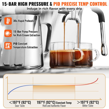 VEVOR Espresso Machine with Grinder, 15 Bar Semi-Automatic Espresso Coffee Maker with Milk Frother Steam Wand, Removable Water Tank & Pressure Gauge for Cappuccino, Latte, Machiato, PID Control System - BZDYSKFJYMKAH5JSRV1 - view 4