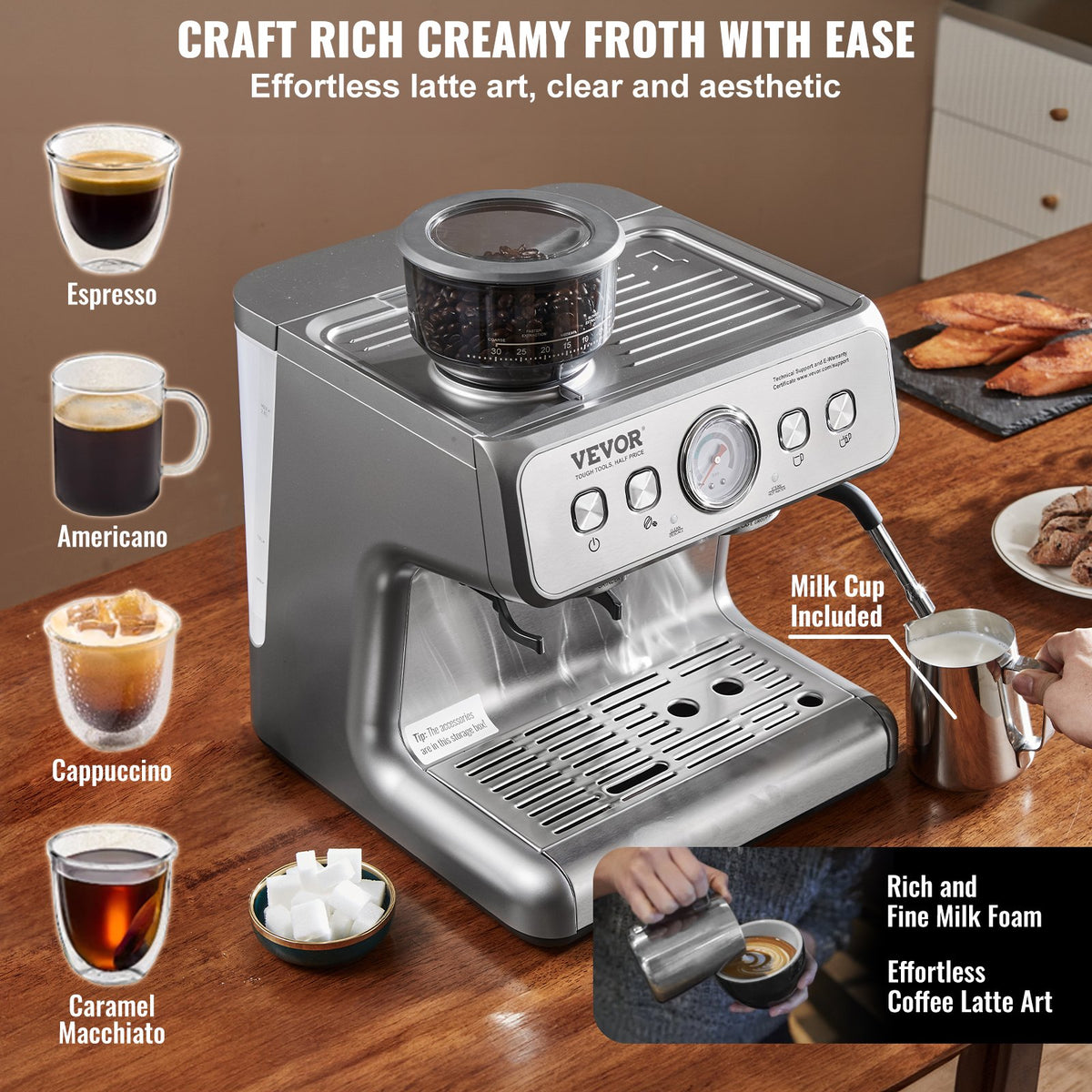 VEVOR Espresso Machine with Grinder, 15 Bar Semi-Automatic Espresso Coffee Maker with Milk Frother Steam Wand, Removable Water Tank & Pressure Gauge for Cappuccino, Latte, Machiato, PID Control System - BZDYSKFJYMKAH5JSRV1 - view 5