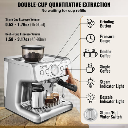 VEVOR Espresso Machine with Grinder, 15 Bar Semi-Automatic Espresso Coffee Maker with Milk Frother Steam Wand, Removable Water Tank & Pressure Gauge for Cappuccino, Latte, Machiato, PID Control System - BZDYSKFJYMKAH5JSRV1 - view 6