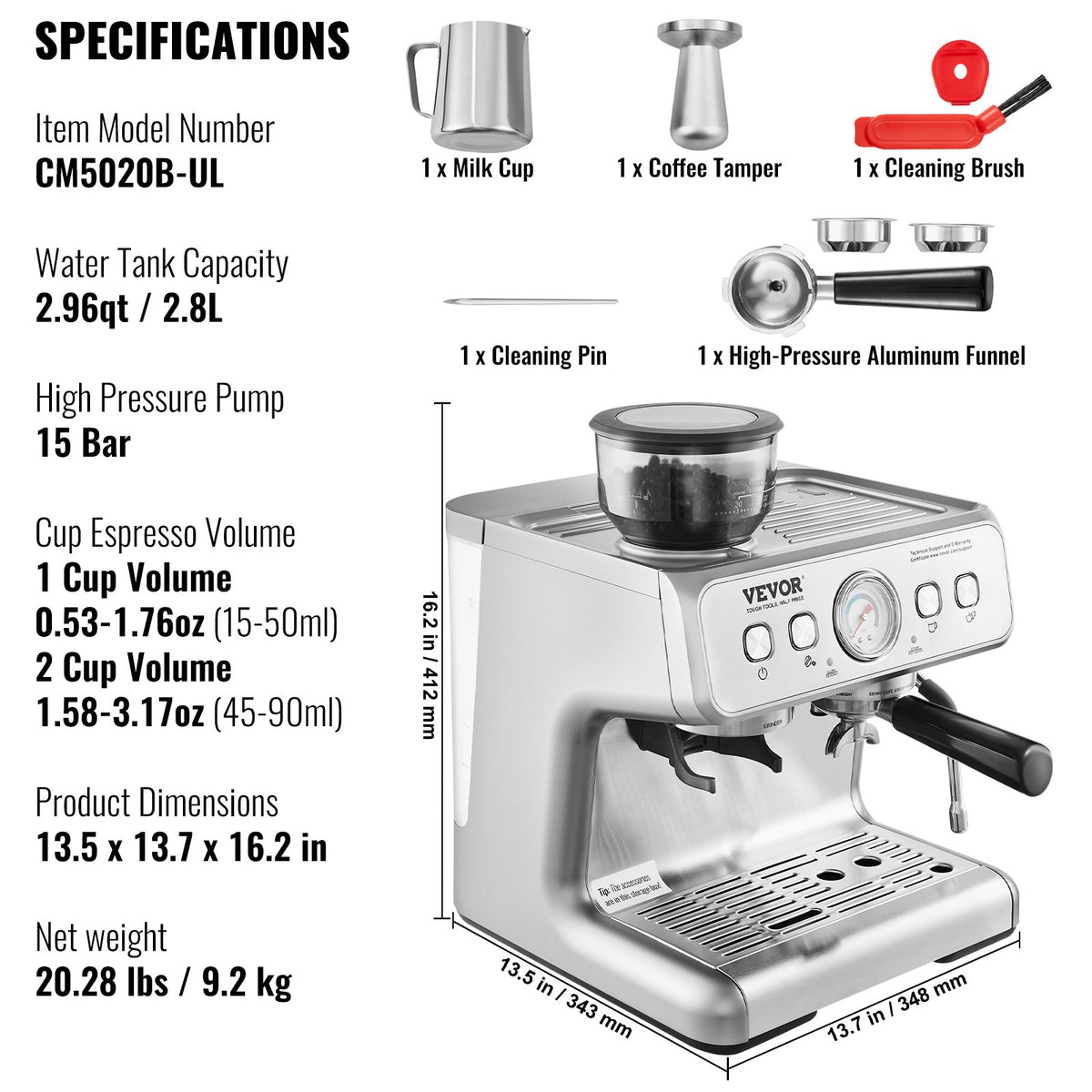 VEVOR Espresso Machine with Grinder, 15 Bar Semi-Automatic Espresso Coffee Maker with Milk Frother Steam Wand, Removable Water Tank & Pressure Gauge for Cappuccino, Latte, Machiato, PID Control System - BZDYSKFJYMKAH5JSRV1 - view 8