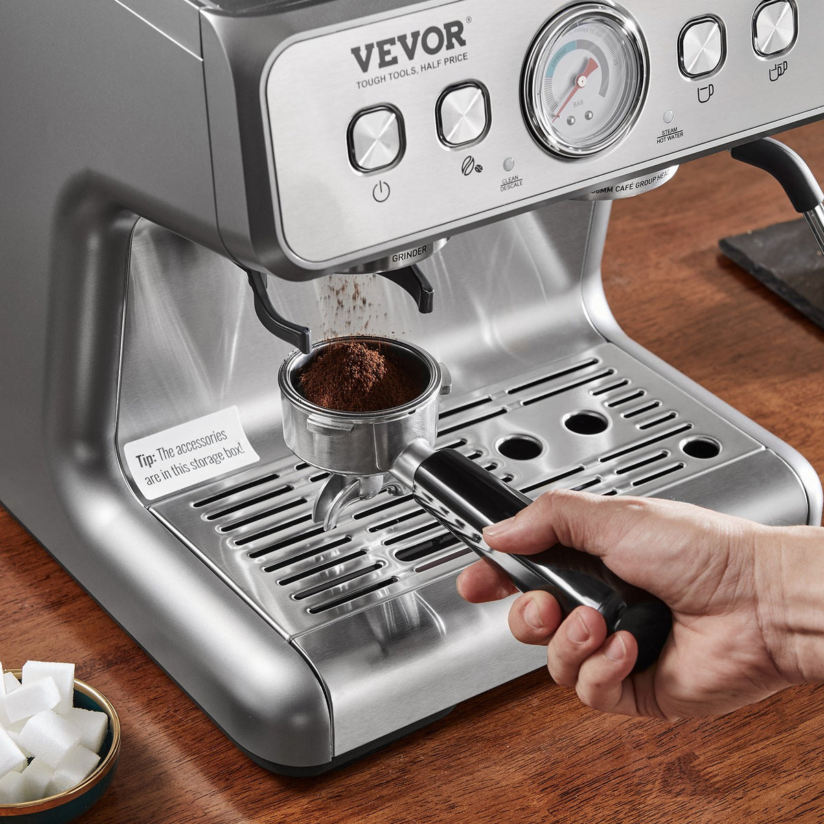 VEVOR Espresso Machine with Grinder, 15 Bar Semi-Automatic Espresso Coffee Maker with Milk Frother Steam Wand, Removable Water Tank & Pressure Gauge for Cappuccino, Latte, Machiato, PID Control System - BZDYSKFJYMKAH5JSRV1 - view 9