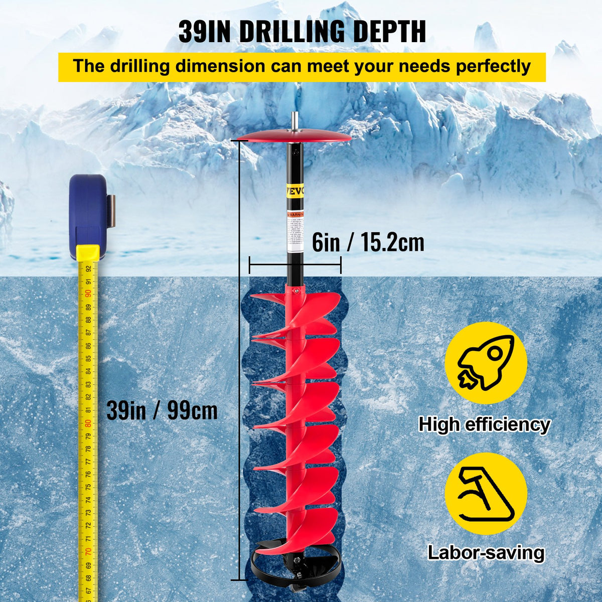 VEVOR Ice Drill Auger, 6\" Diameter Nylon Ice Auger, 39\" Length Ice Auger Bit,Auger Drill with 11.8\" Extension Rod,Auger Bit with Drill Adapter,Top Plate & Blade Guard for Ice Fi - BZHSNLYC3934683TRV0 - view 2