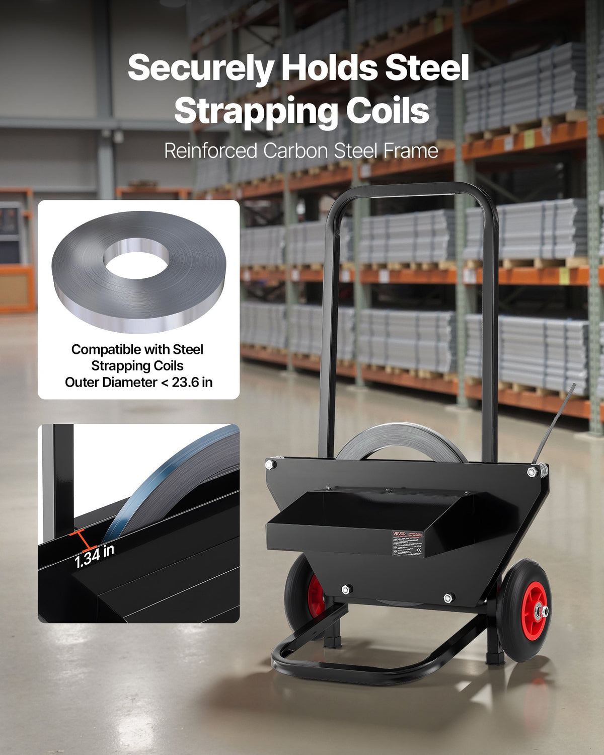 VEVOR Banding Strapping Cart, Fit for Steel Strapping Coils with 23.6 inches Core Outer Size, Heavy Duty Strapping Dispenser with Rubber Wheels, Suitable for Factory, Warehouse, Loading Area - BZKZCKZCGDWNLS6CH001V0 - view 3