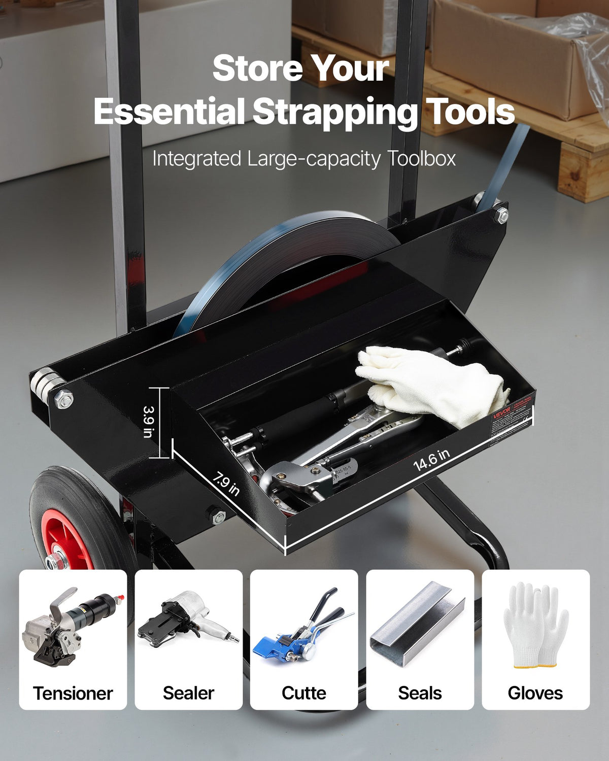 VEVOR Banding Strapping Cart, Fit for Steel Strapping Coils with 23.6 inches Core Outer Size, Heavy Duty Strapping Dispenser with Rubber Wheels, Suitable for Factory, Warehouse, Loading Area - BZKZCKZCGDWNLS6CH001V0 - view 7