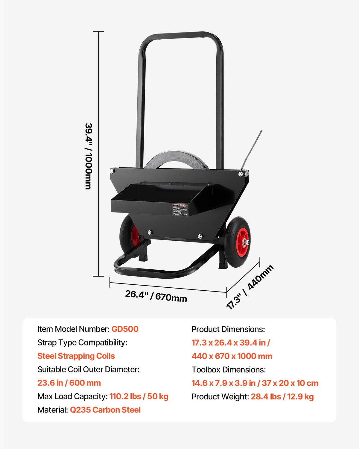 VEVOR Banding Strapping Cart, Fit for Steel Strapping Coils with 23.6 inches Core Outer Size, Heavy Duty Strapping Dispenser with Rubber Wheels, Suitable for Factory, Warehouse, Loading Area - BZKZCKZCGDWNLS6CH001V0 - view 8