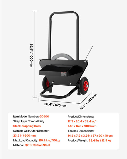 VEVOR Banding Strapping Cart, Fit for Steel Strapping Coils with 23.6 inches Core Outer Size, Heavy Duty Strapping Dispenser with Rubber Wheels, Suitable for Factory, Warehouse, Loading Area - BZKZCKZCGDWNLS6CH001V0 - view 8