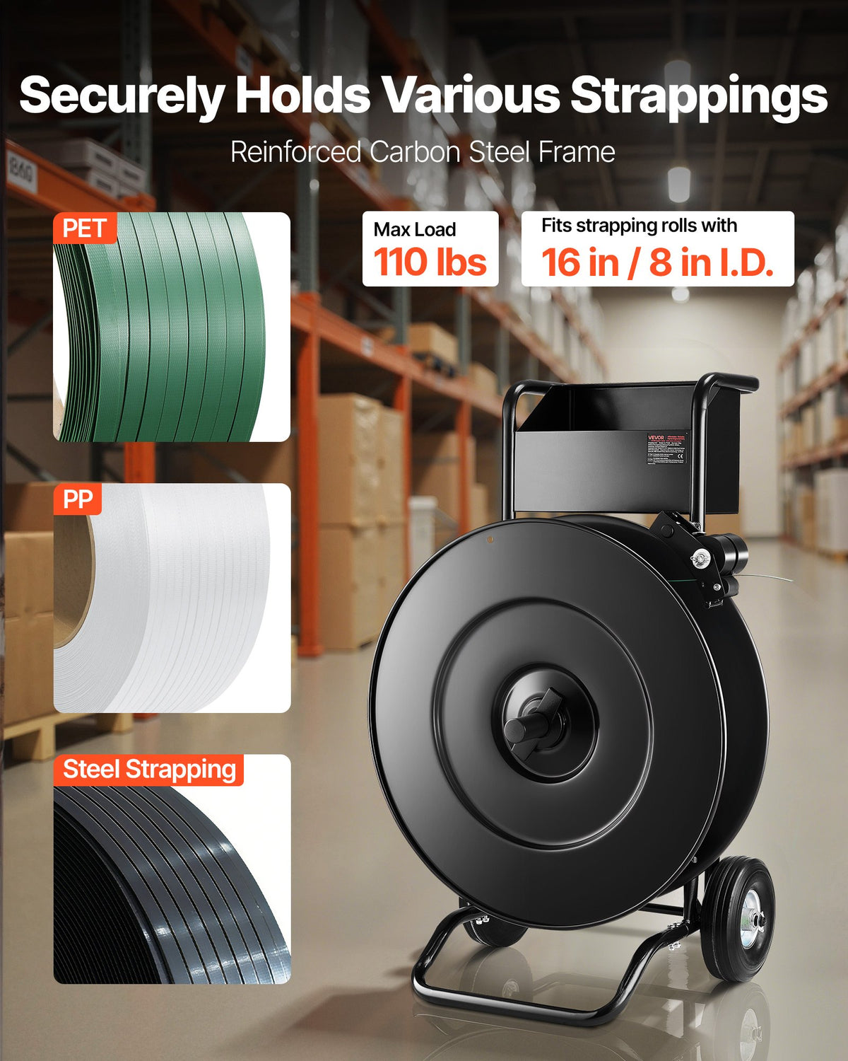 VEVOR Banding Strapping Cart, Fit for PET / PP / Steel Strap Coils with 8 or 16 inches Core Size, Heavy Duty Strapping Dispenser Equipped with Upgrade Drum Brake, Built-in Spacious Tray for Tools - BZKZCKZCPPPE16HPQ001V0 - view 3