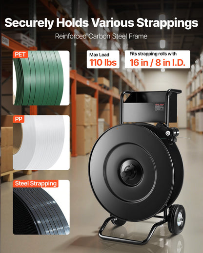 VEVOR Banding Strapping Cart, Fit for PET / PP / Steel Strap Coils with 8 or 16 inches Core Size, Heavy Duty Strapping Dispenser Equipped with Upgrade Drum Brake, Built-in Spacious Tray for Tools - BZKZCKZCPPPE16HPQ001V0 - view 3