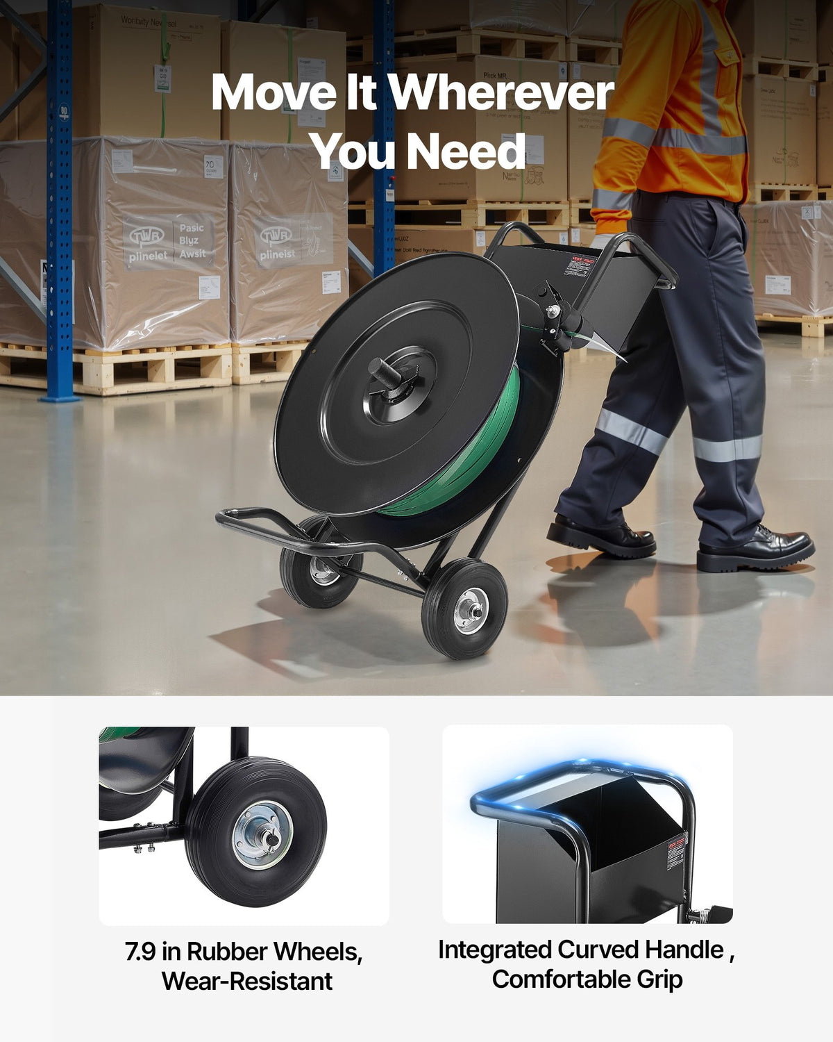 VEVOR Banding Strapping Cart, Fit for PET / PP / Steel Strap Coils with 8 or 16 inches Core Size, Heavy Duty Strapping Dispenser Equipped with Upgrade Drum Brake, Built-in Spacious Tray for Tools - BZKZCKZCPPPE16HPQ001V0 - view 4