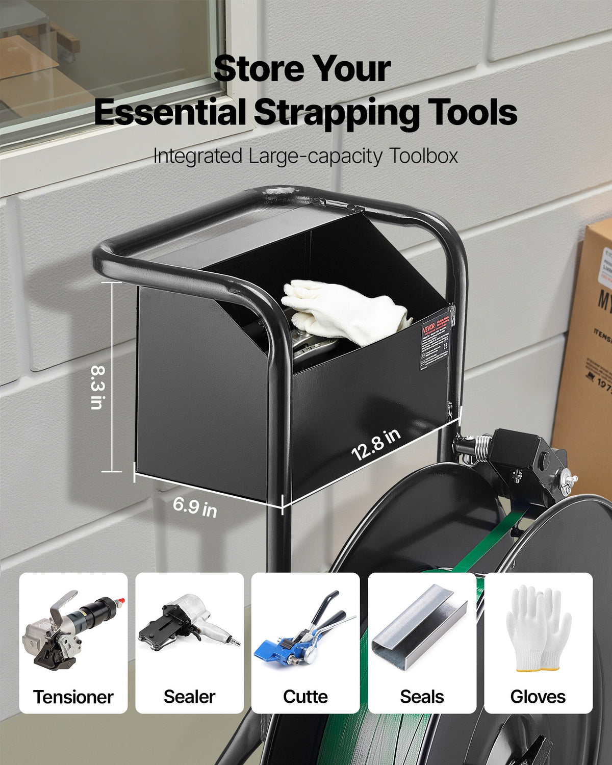 VEVOR Banding Strapping Cart, Fit for PET / PP / Steel Strap Coils with 8 or 16 inches Core Size, Heavy Duty Strapping Dispenser Equipped with Upgrade Drum Brake, Built-in Spacious Tray for Tools - BZKZCKZCPPPE16HPQ001V0 - view 7
