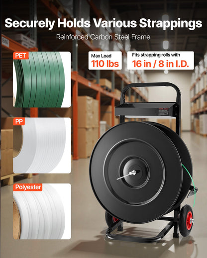 VEVOR Banding Strapping Cart, Fit for PET/PP/Polyester Strapping Coils with 8 or 16 in Core Size, Heavy Duty Strapping Dispenser Equipped with Upgrade Brake System, Built-in Spacious Tray for Tools - BZKZCKZCTYX1GR43W002V0 - view 3