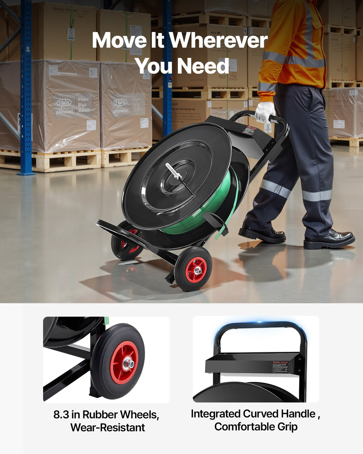 VEVOR Banding Strapping Cart, Fit for PET/PP/Polyester Strapping Coils with 8 or 16 in Core Size, Heavy Duty Strapping Dispenser Equipped with Upgrade Brake System, Built-in Spacious Tray for Tools - BZKZCKZCTYX1GR43W002V0 - view 4