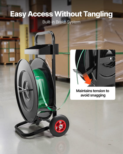 VEVOR Banding Strapping Cart, Fit for PET/PP/Polyester Strapping Coils with 8 or 16 in Core Size, Heavy Duty Strapping Dispenser Equipped with Upgrade Brake System, Built-in Spacious Tray for Tools - BZKZCKZCTYX1GR43W002V0 - view 5