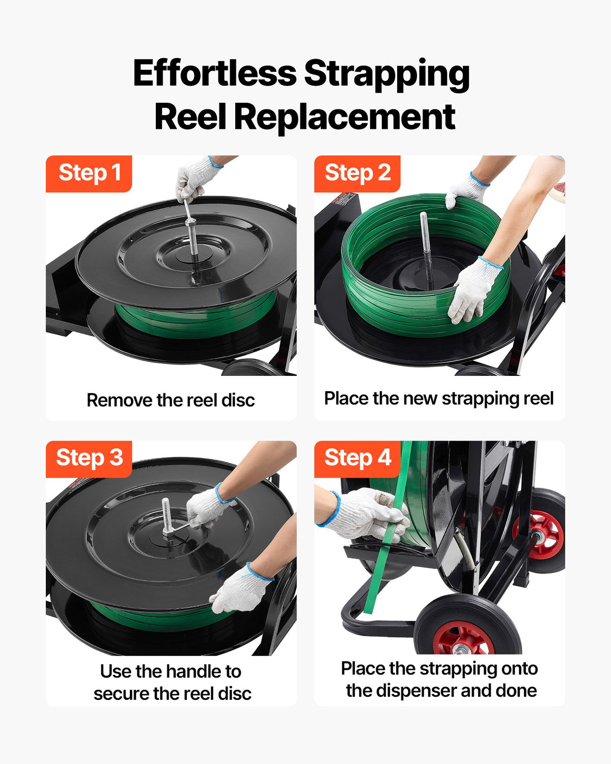 VEVOR Banding Strapping Cart, Fit for PET/PP/Polyester Strapping Coils with 8 or 16 in Core Size, Heavy Duty Strapping Dispenser Equipped with Upgrade Brake System, Built-in Spacious Tray for Tools - BZKZCKZCTYX1GR43W002V0 - view 6