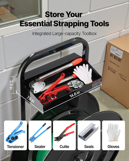 VEVOR Banding Strapping Cart, Fit for PET/PP/Polyester Strapping Coils with 8 or 16 in Core Size, Heavy Duty Strapping Dispenser Equipped with Upgrade Brake System, Built-in Spacious Tray for Tools - BZKZCKZCTYX1GR43W002V0 - view 7
