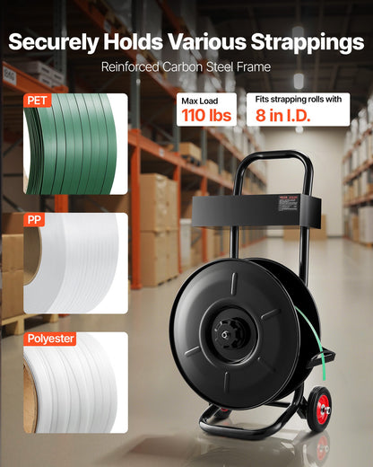 VEVOR Banding Strapping Cart, Fit for PET / PP / Polyester Strapping Coils with 8 inches Core Size, Heavy Duty Strapping Dispenser Equipped with Upgrade Brake System, Built-in Spacious Tray for Tools - BZKZCKZCTYX8IOD3W002V0 - view 3