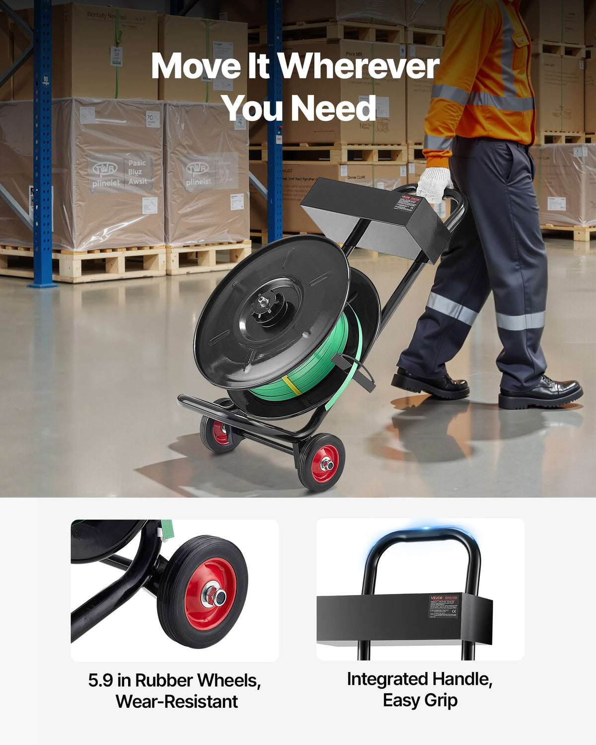 VEVOR Banding Strapping Cart, Fit for PET / PP / Polyester Strapping Coils with 8 inches Core Size, Heavy Duty Strapping Dispenser Equipped with Upgrade Brake System, Built-in Spacious Tray for Tools - BZKZCKZCTYX8IOD3W002V0 - view 4