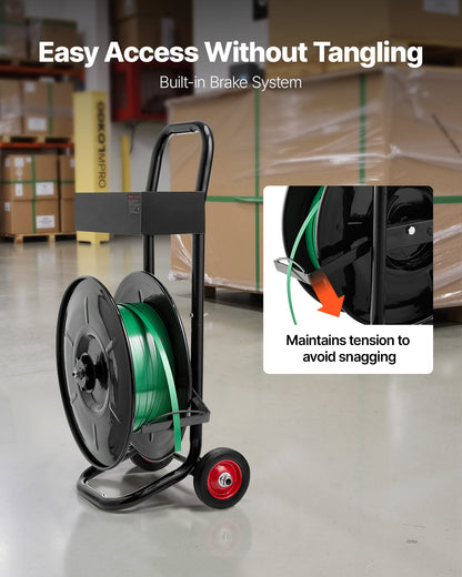 VEVOR Banding Strapping Cart, Fit for PET / PP / Polyester Strapping Coils with 8 inches Core Size, Heavy Duty Strapping Dispenser Equipped with Upgrade Brake System, Built-in Spacious Tray for Tools - BZKZCKZCTYX8IOD3W002V0 - view 5