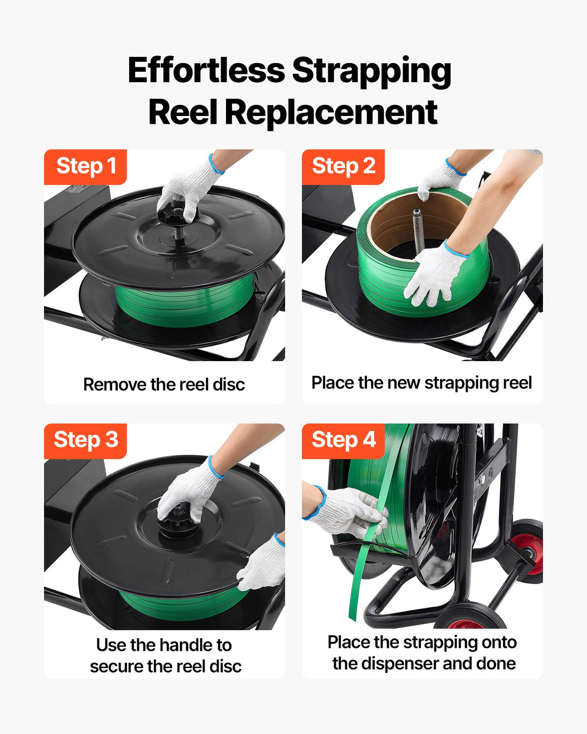 VEVOR Banding Strapping Cart, Fit for PET / PP / Polyester Strapping Coils with 8 inches Core Size, Heavy Duty Strapping Dispenser Equipped with Upgrade Brake System, Built-in Spacious Tray for Tools - BZKZCKZCTYX8IOD3W002V0 - view 6
