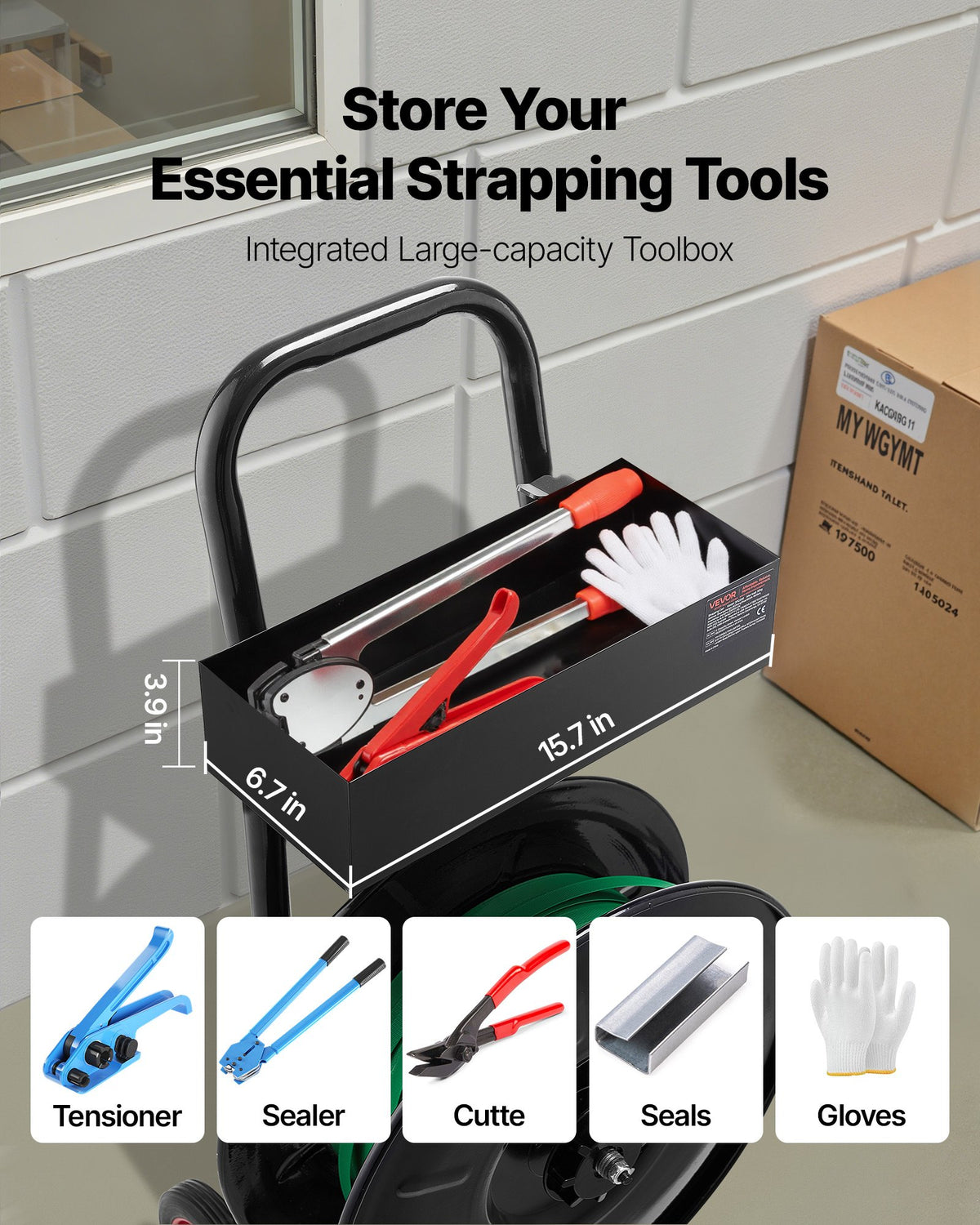 VEVOR Banding Strapping Cart, Fit for PET / PP / Polyester Strapping Coils with 8 inches Core Size, Heavy Duty Strapping Dispenser Equipped with Upgrade Brake System, Built-in Spacious Tray for Tools - BZKZCKZCTYX8IOD3W002V0 - view 7