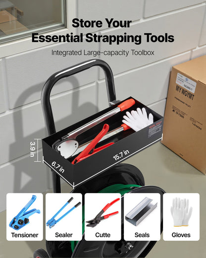 VEVOR Banding Strapping Cart, Fit for PET / PP / Polyester Strapping Coils with 8 inches Core Size, Heavy Duty Strapping Dispenser Equipped with Upgrade Brake System, Built-in Spacious Tray for Tools - BZKZCKZCTYX8IOD3W002V0 - view 7