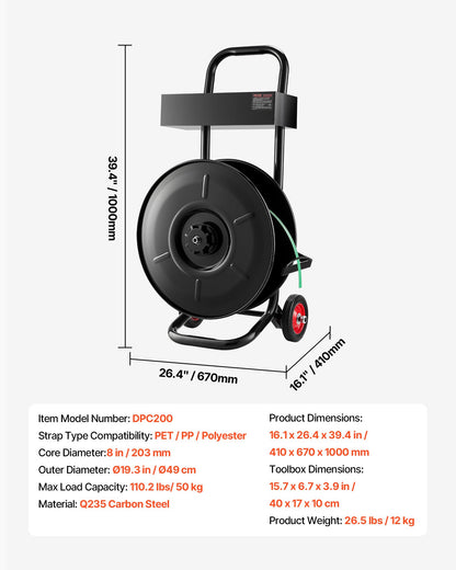 VEVOR Banding Strapping Cart, Fit for PET / PP / Polyester Strapping Coils with 8 inches Core Size, Heavy Duty Strapping Dispenser Equipped with Upgrade Brake System, Built-in Spacious Tray for Tools - BZKZCKZCTYX8IOD3W002V0 - view 8