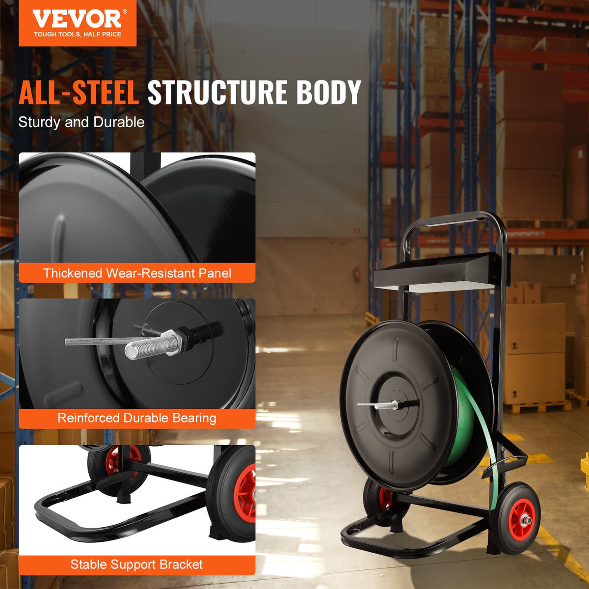 VEVOR Banding Strapping Cart, for PET/PP/Fiber Strapping Coils with 8" Core Size, Heavy Duty Strapping Dispenser, Equipped with Anti-Retreat Pulleys, Upgrade Brake System, Spacious Tray for Tools - BZKZCKZCTYX8IOD3WV0 - view 3