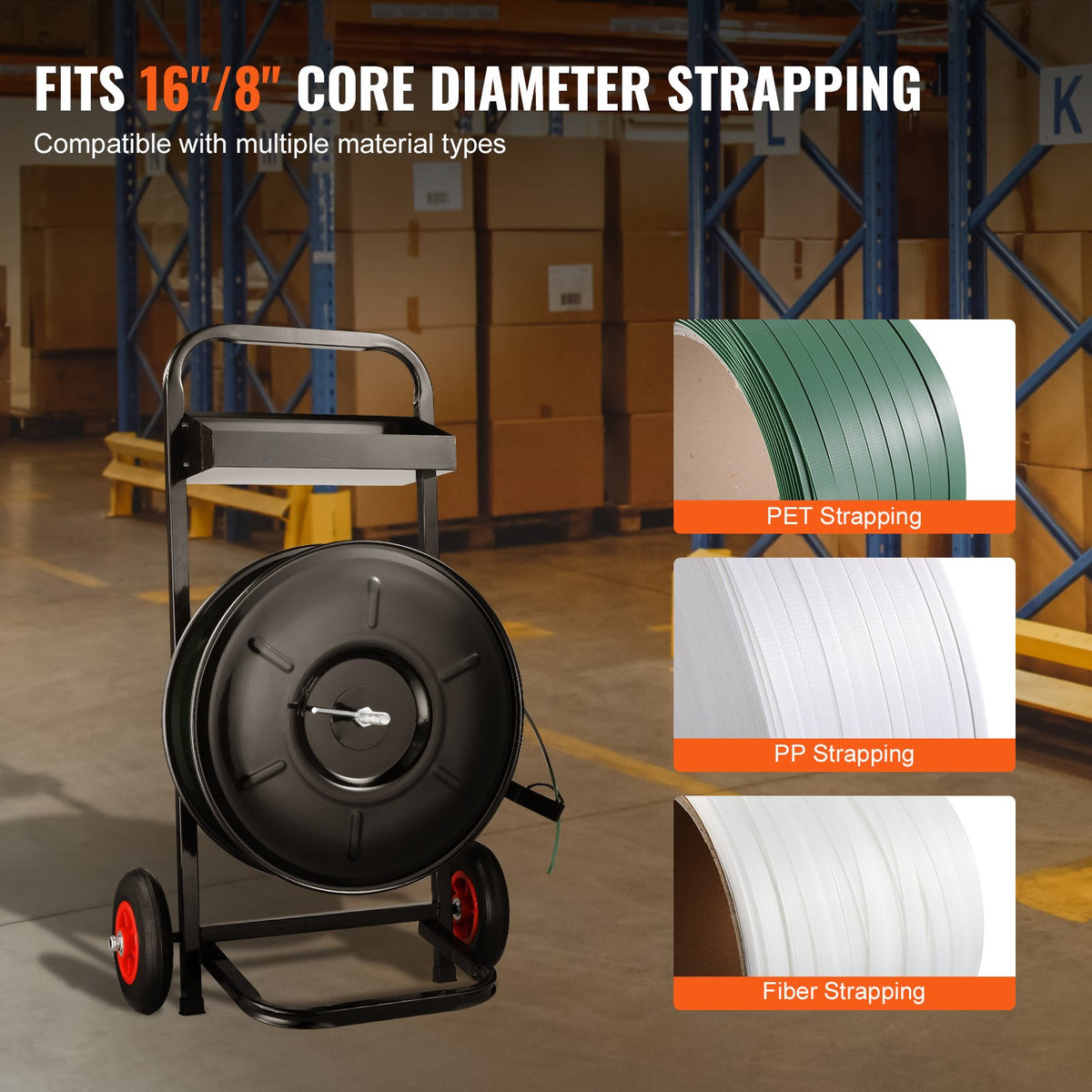 VEVOR Banding Strapping Cart, for PET/PP/Fiber Strapping Coils with 8" Core Size, Heavy Duty Strapping Dispenser, Equipped with Anti-Retreat Pulleys, Upgrade Brake System, Spacious Tray for Tools - BZKZCKZCTYX8IOD3WV0 - view 4