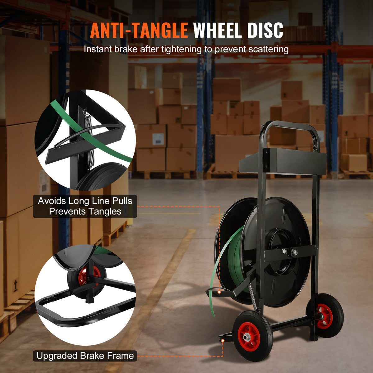 VEVOR Banding Strapping Cart, for PET/PP/Fiber Strapping Coils with 8" Core Size, Heavy Duty Strapping Dispenser, Equipped with Anti-Retreat Pulleys, Upgrade Brake System, Spacious Tray for Tools - BZKZCKZCTYX8IOD3WV0 - view 5