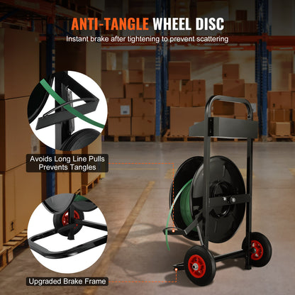 VEVOR Banding Strapping Cart, for PET/PP/Fiber Strapping Coils with 8" Core Size, Heavy Duty Strapping Dispenser, Equipped with Anti-Retreat Pulleys, Upgrade Brake System, Spacious Tray for Tools - BZKZCKZCTYX8IOD3WV0 - view 5