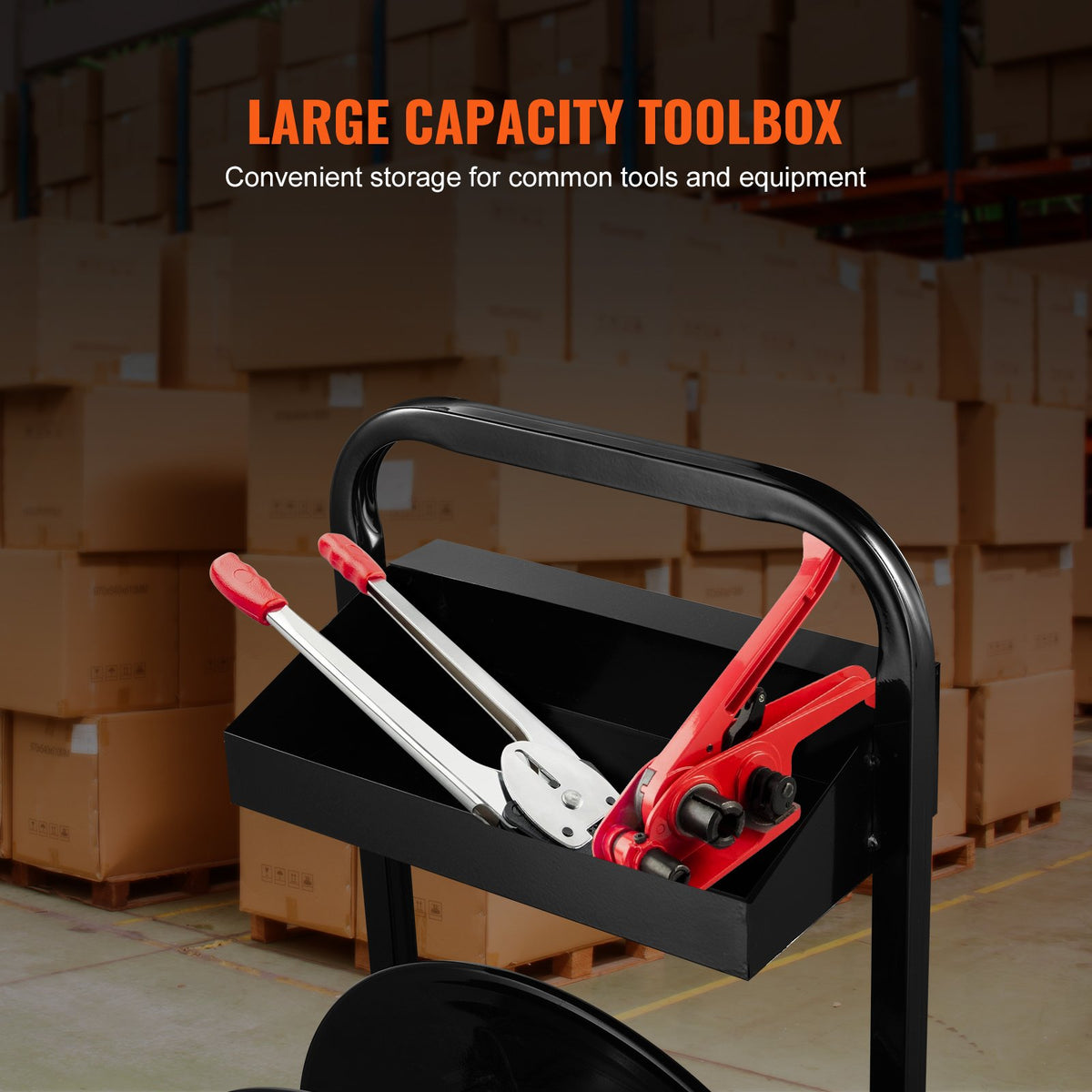 VEVOR Banding Strapping Cart, for PET/PP/Fiber Strapping Coils with 8" Core Size, Heavy Duty Strapping Dispenser, Equipped with Anti-Retreat Pulleys, Upgrade Brake System, Spacious Tray for Tools - BZKZCKZCTYX8IOD3WV0 - view 6